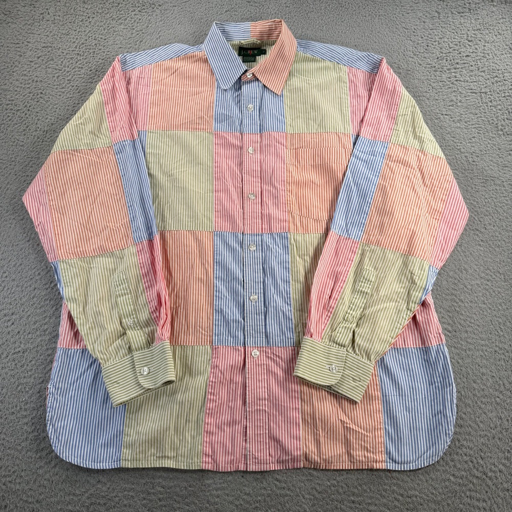 J.Crew Oarsman Patchwork Shirt Men Large Striped Long Sleeve Preppy Button Down